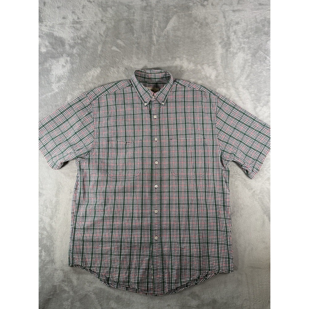 Eddie Bauer Shirt Mens Medium Green Red Plaid Seersucker Short Sleeve Button Up